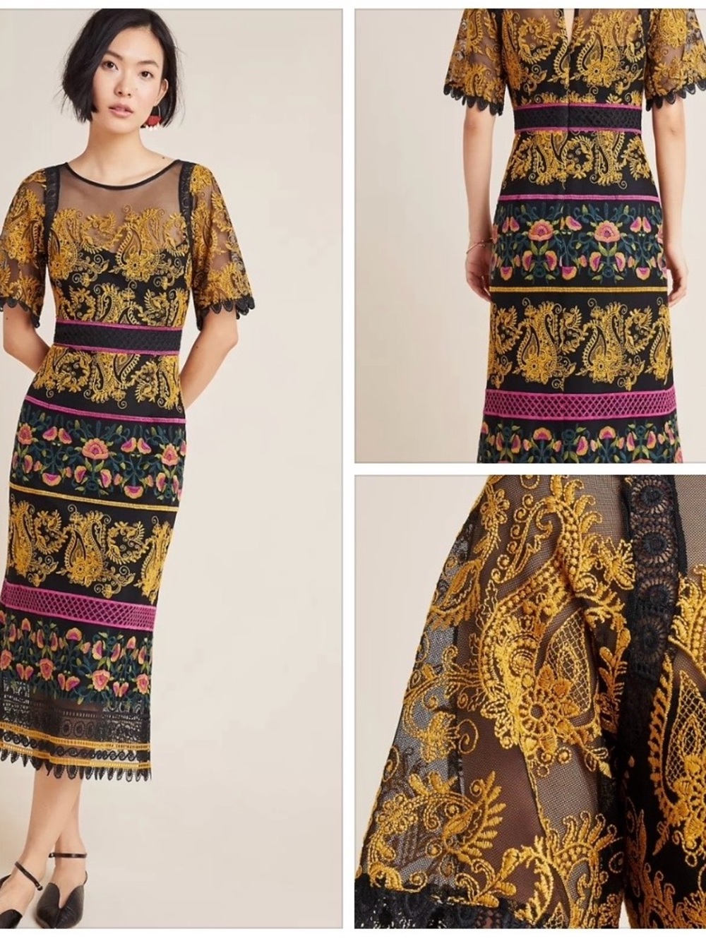 Anthropologie Jacquin Embroidered Midi Dress